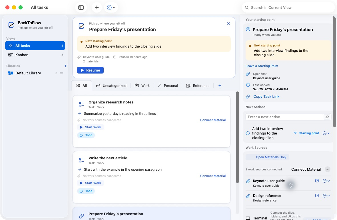 The real BackToFlow app in English, showing a presentation task, its next action, connected references, and a Resume button.